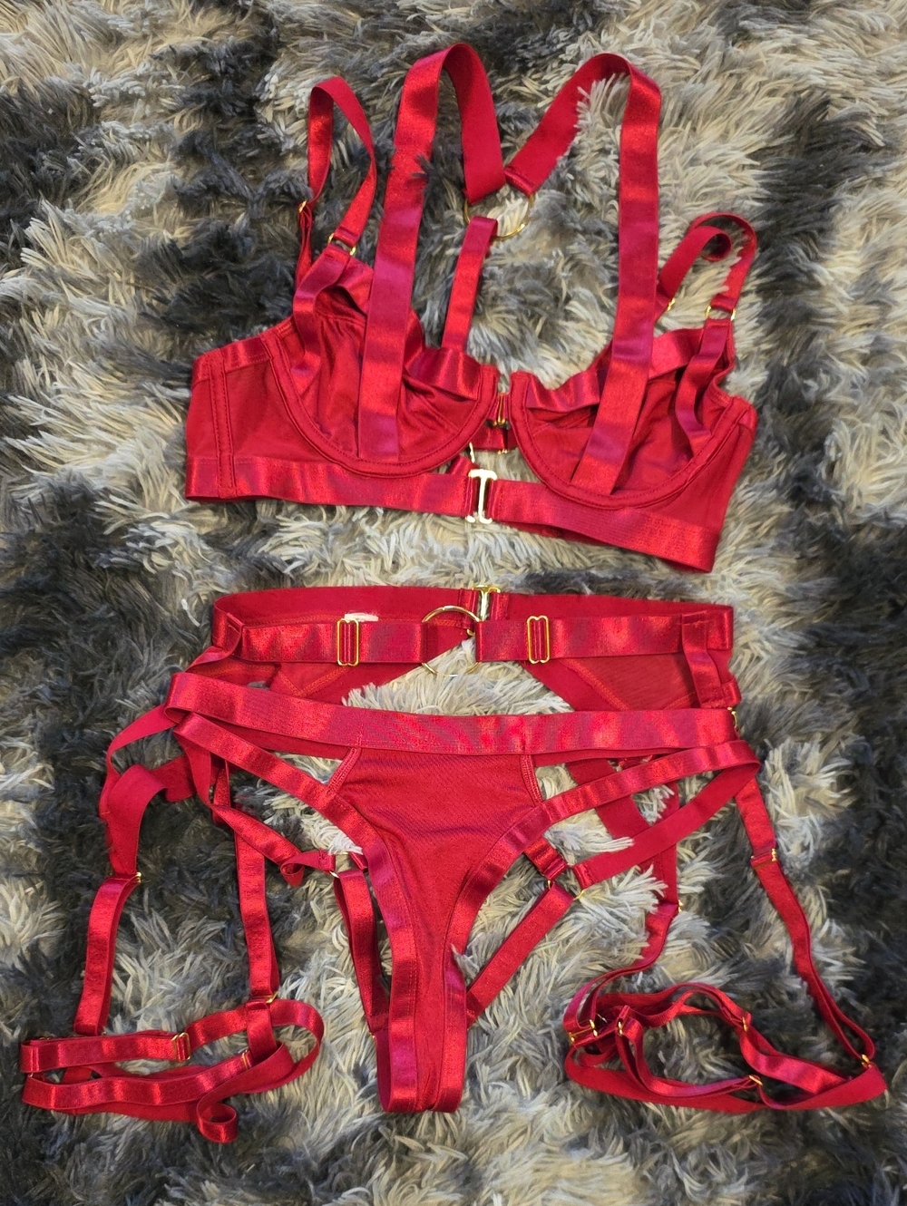 3-Piece Red Strappy Lingerie Set with Gold Hardware